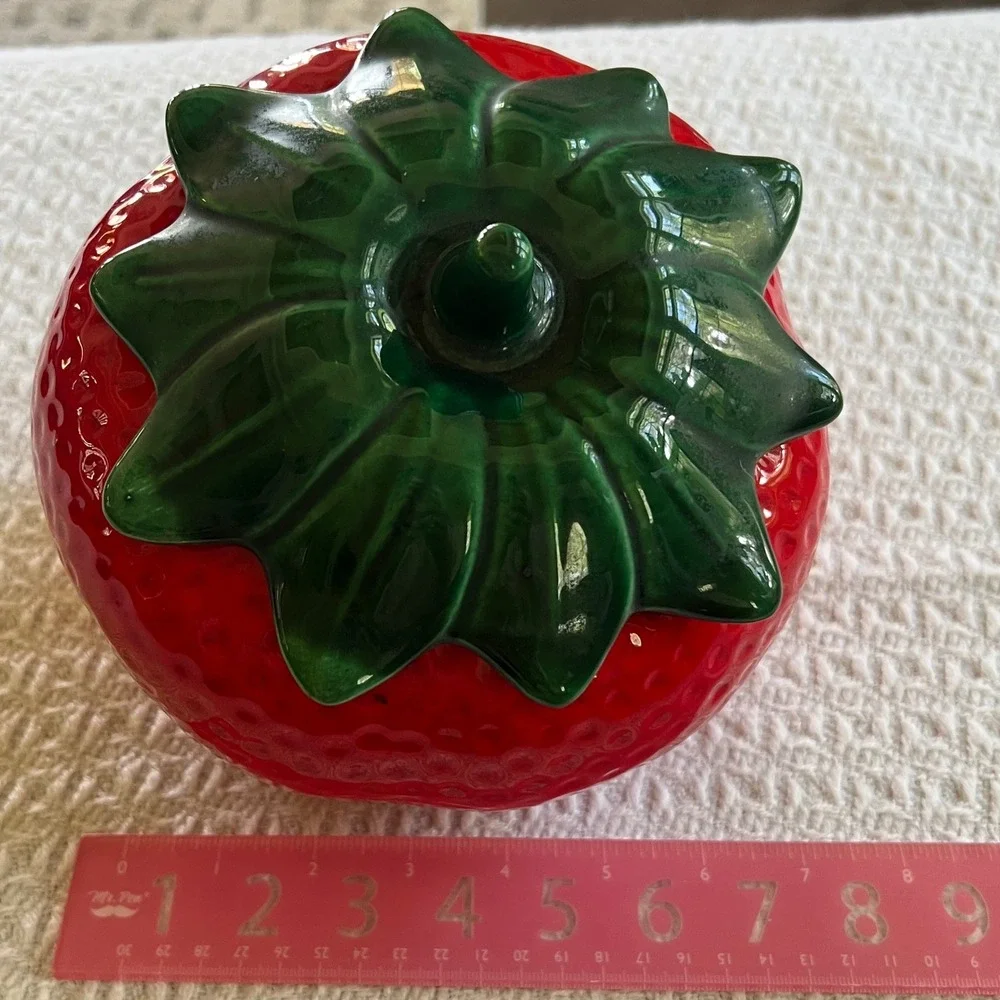 Vintage Ceramic Strawberry Lidded Jar Red Green Fruit Canister Cottagecore Decor